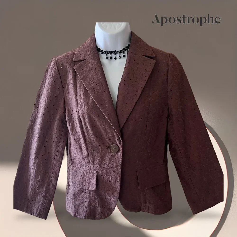 APOSTROPHE Women's Eyelet Button Front Blazer Jacket, Casual, Brown Sz. 2